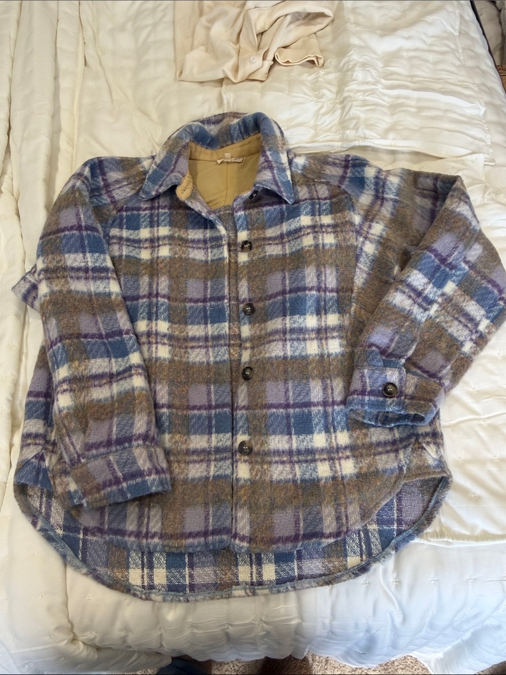 Mystree Plaid Teddy Shirt Jacket in Blue, Brown & Cream